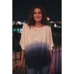 Umgee Womens XL Ombre Dip Dye Tie Front Dolman Sleeve V-Neck Top Cream Navy Blue